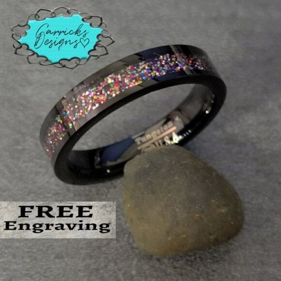 Personalized Engraved Men's Purple and Red Opal Tungsten Wedding Ring Band - Picture 7 of 7